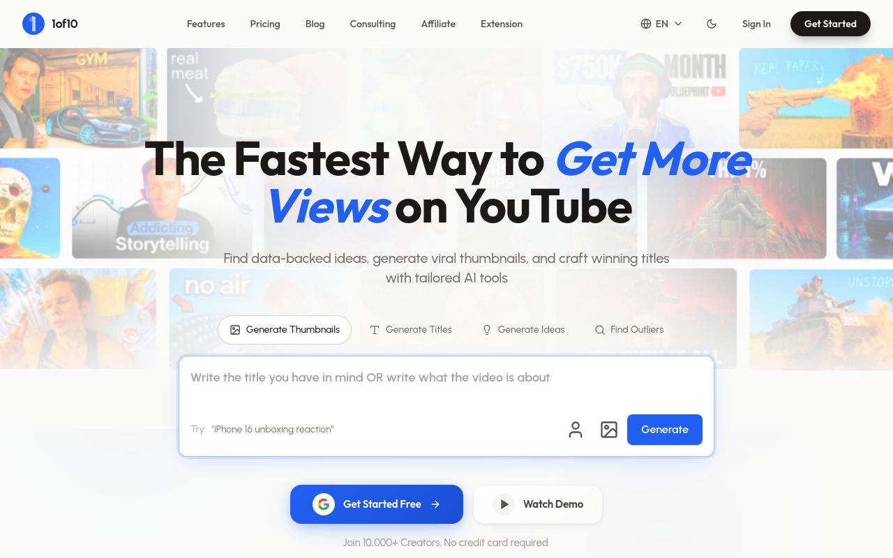 Screenshot of the 1of10 homepage