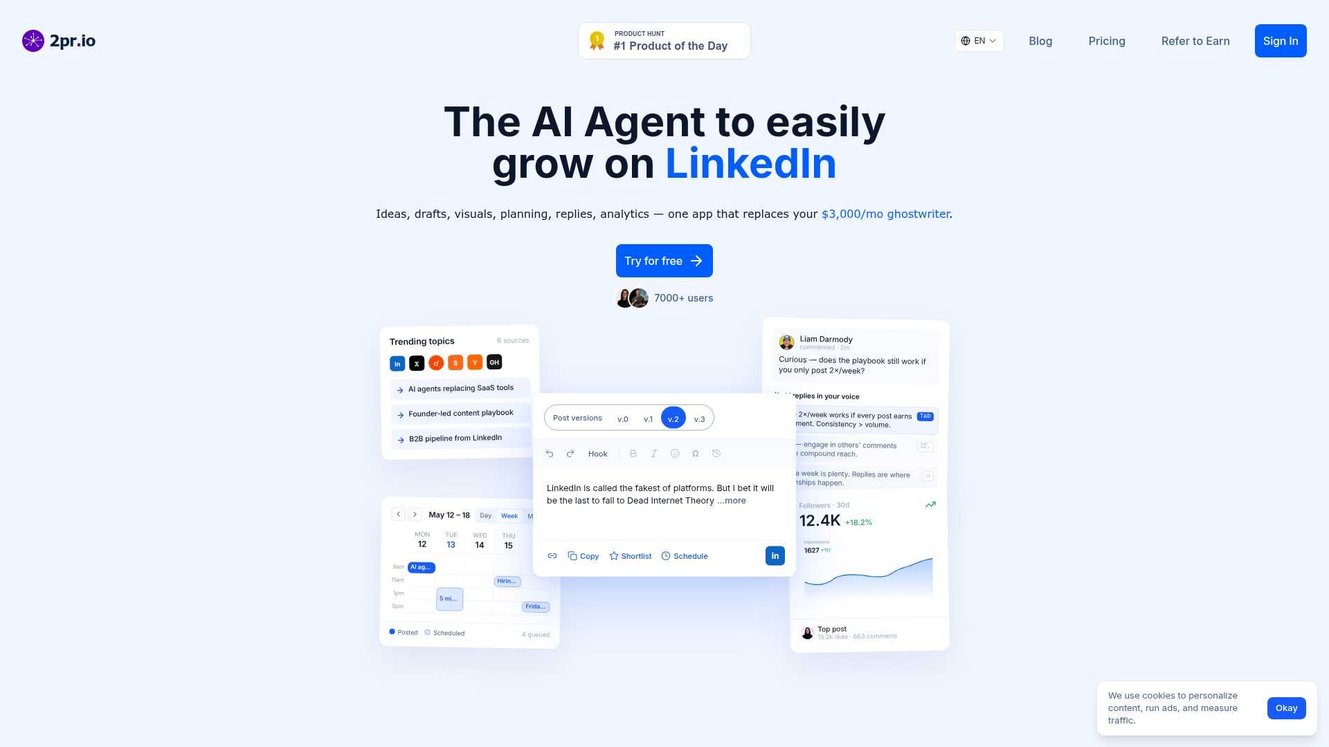 Screenshot of the 2pr.io homepage