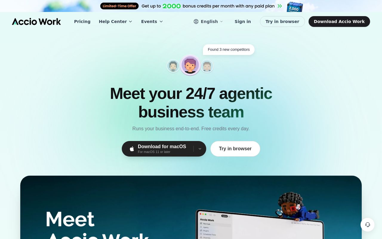 Screenshot of the Accio Work homepage
