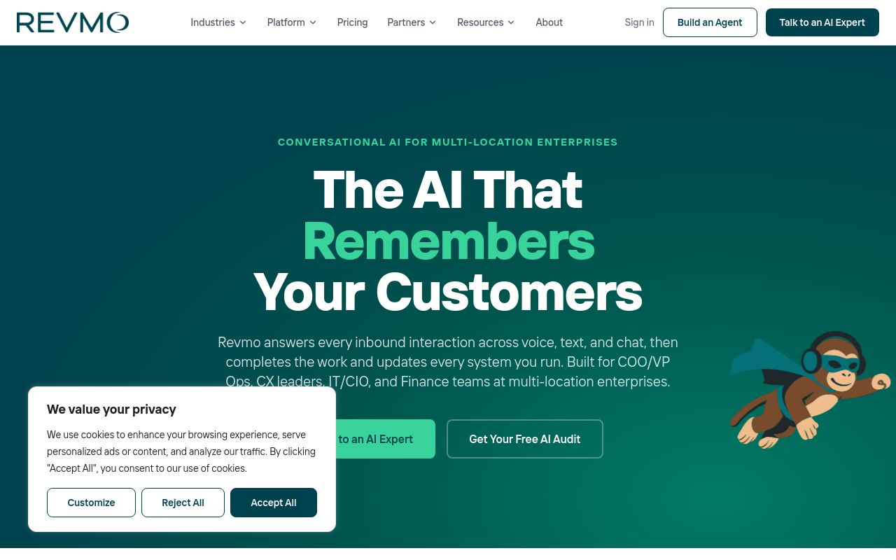 Screenshot of the Revmo AI homepage