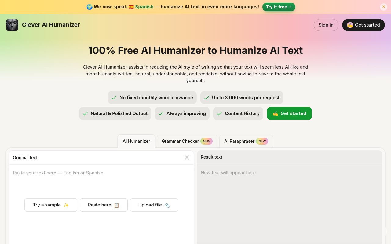 Screenshot of the Clever AI Humanizer homepage