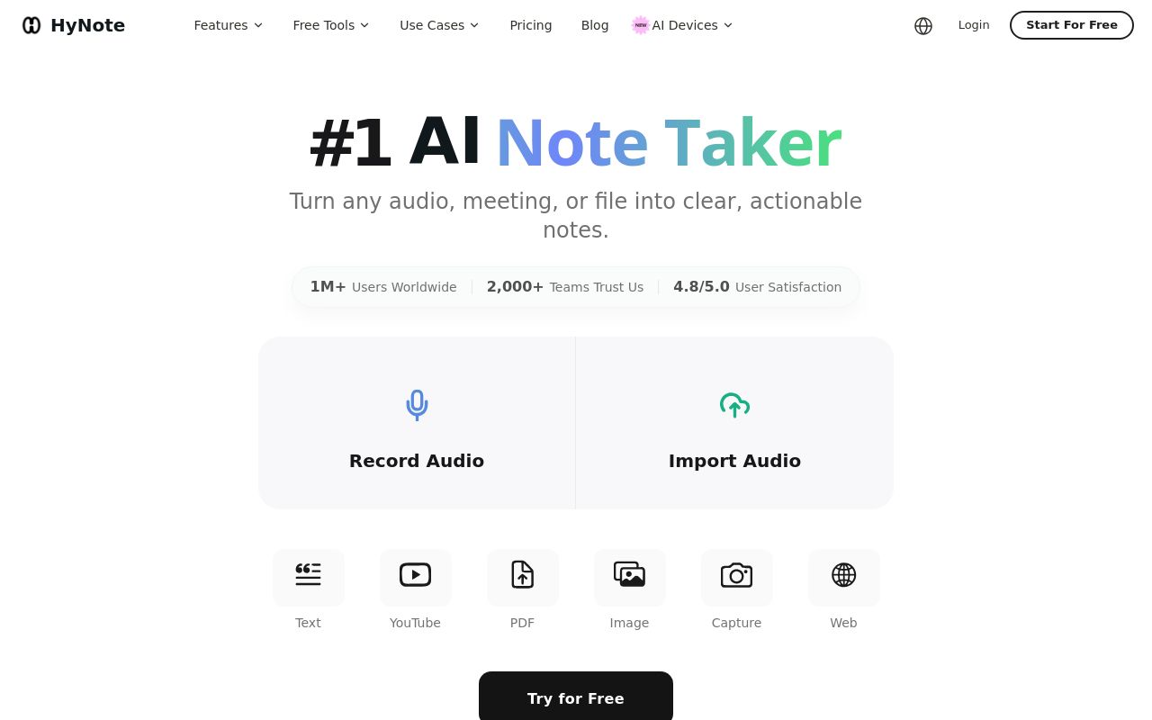 Screenshot of the HyNote homepage