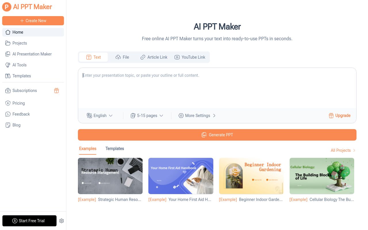 Screenshot of the AI PPT Maker homepage