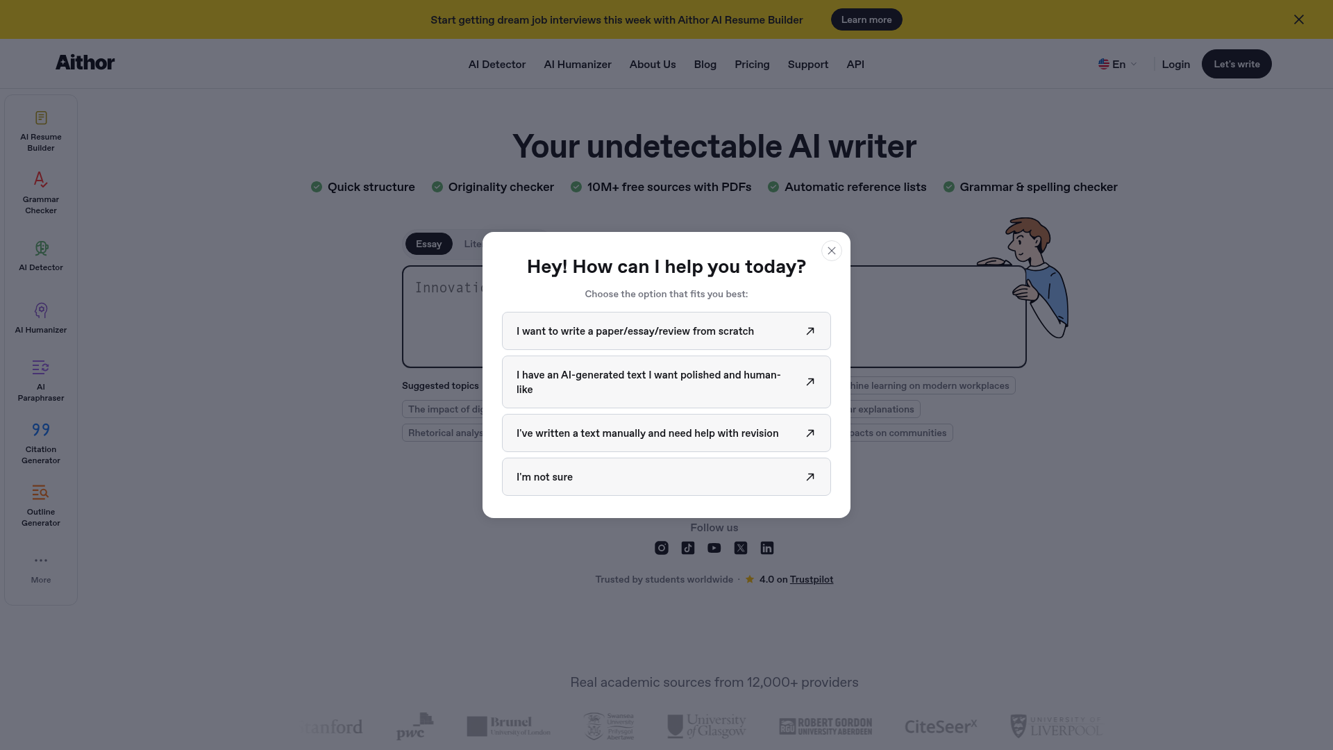 Screenshot of the Aithor homepage