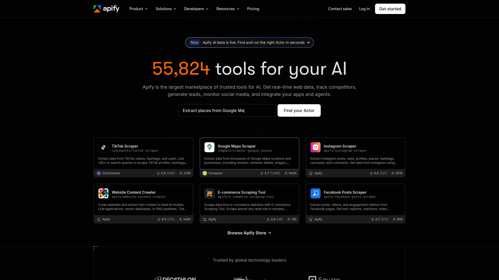 Screenshot of the Apify homepage
