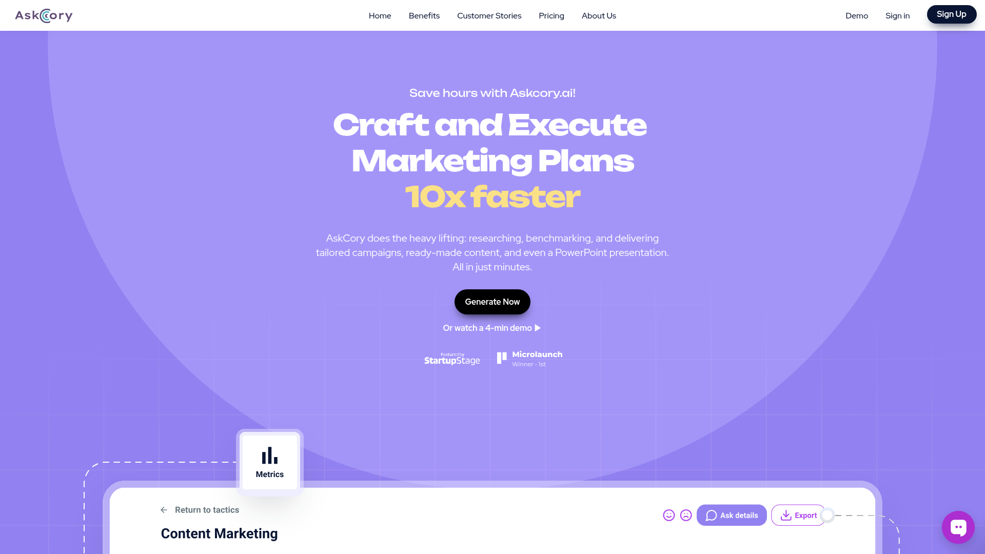 Screenshot of the AskCory.ai homepage