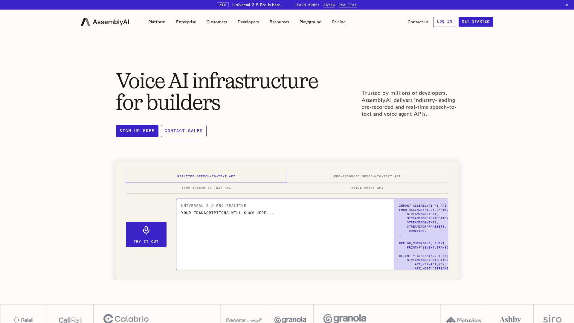 Screenshot of the AssemblyAI homepage