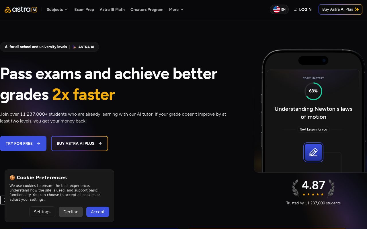 Screenshot of the Astra AI homepage