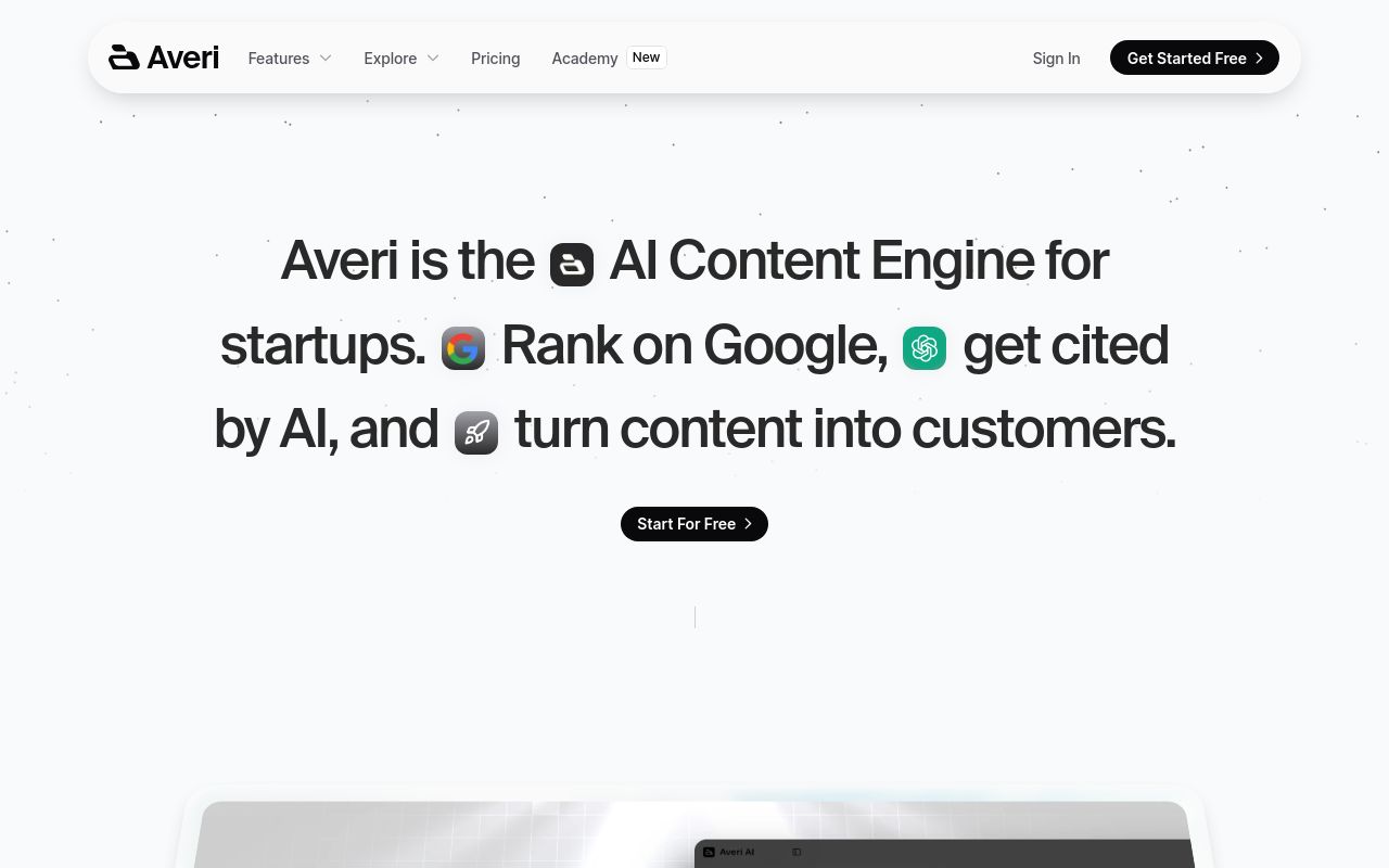Screenshot of the Averi homepage