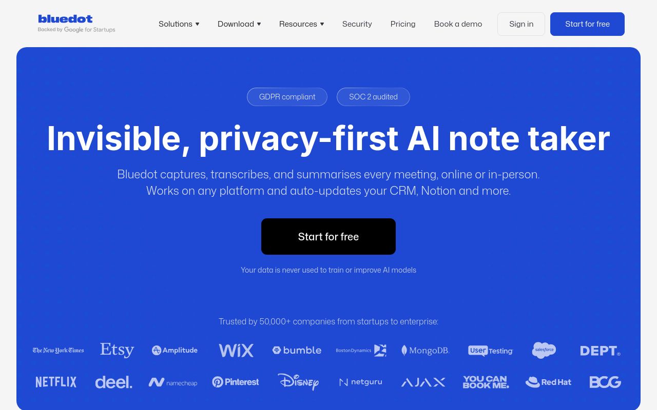 Screenshot of the Bluedot homepage
