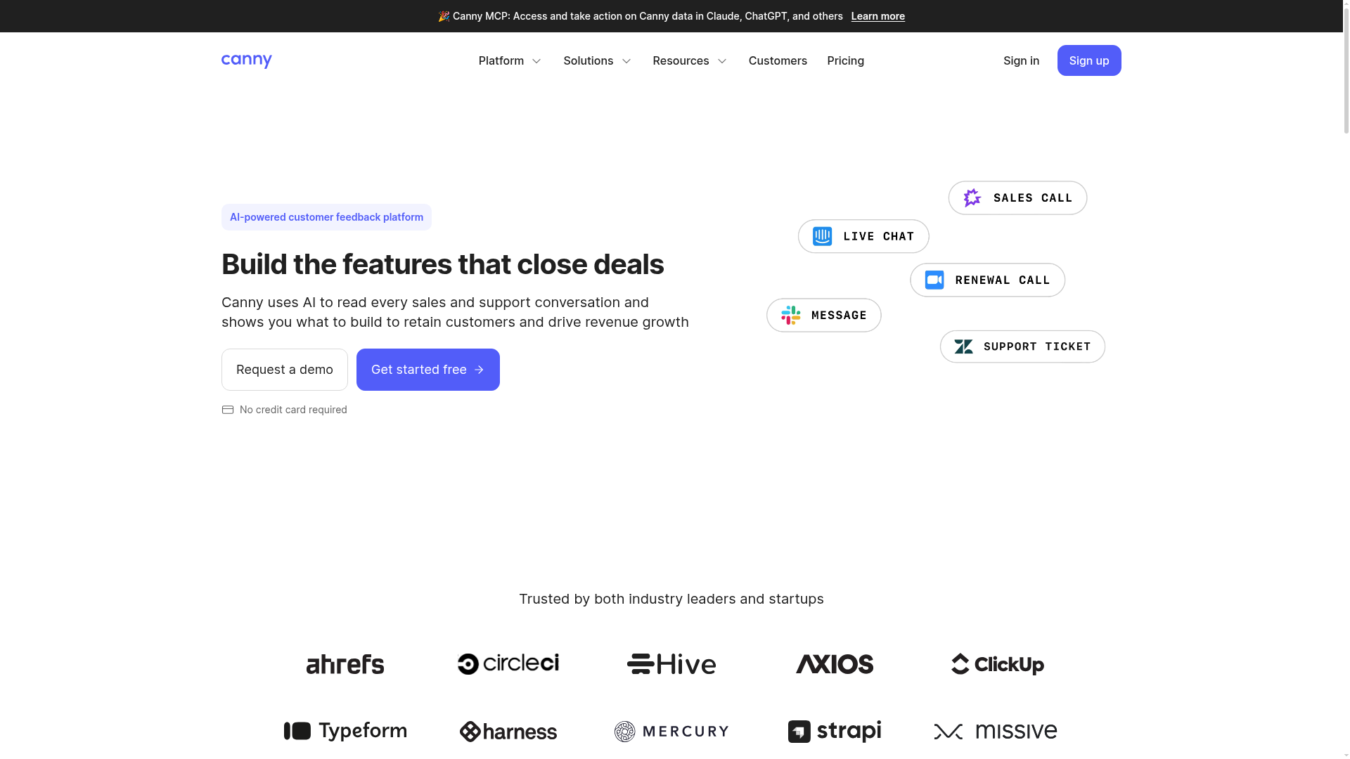 Screenshot of the Canny homepage