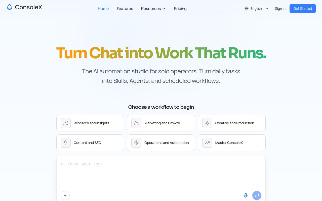 Screenshot of the ConsoleX AI homepage