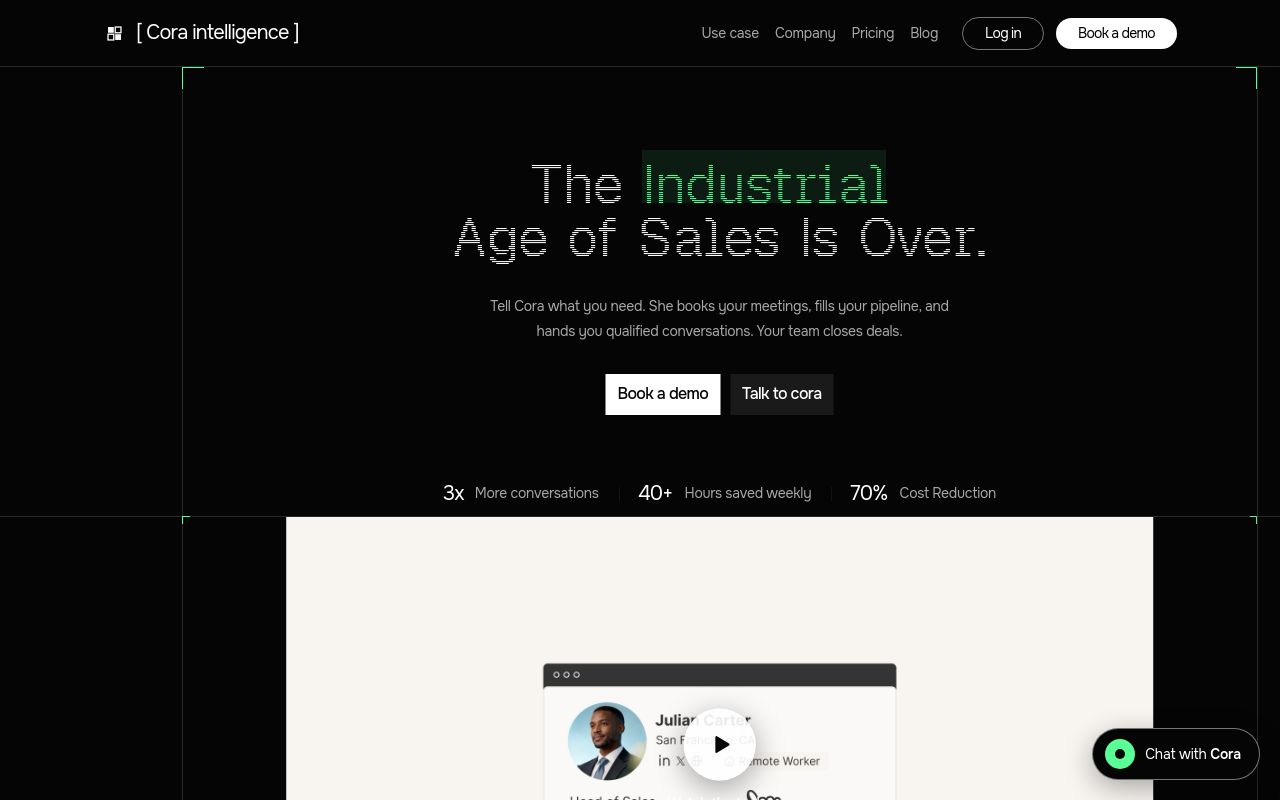 Screenshot of the Cora Intelligence homepage
