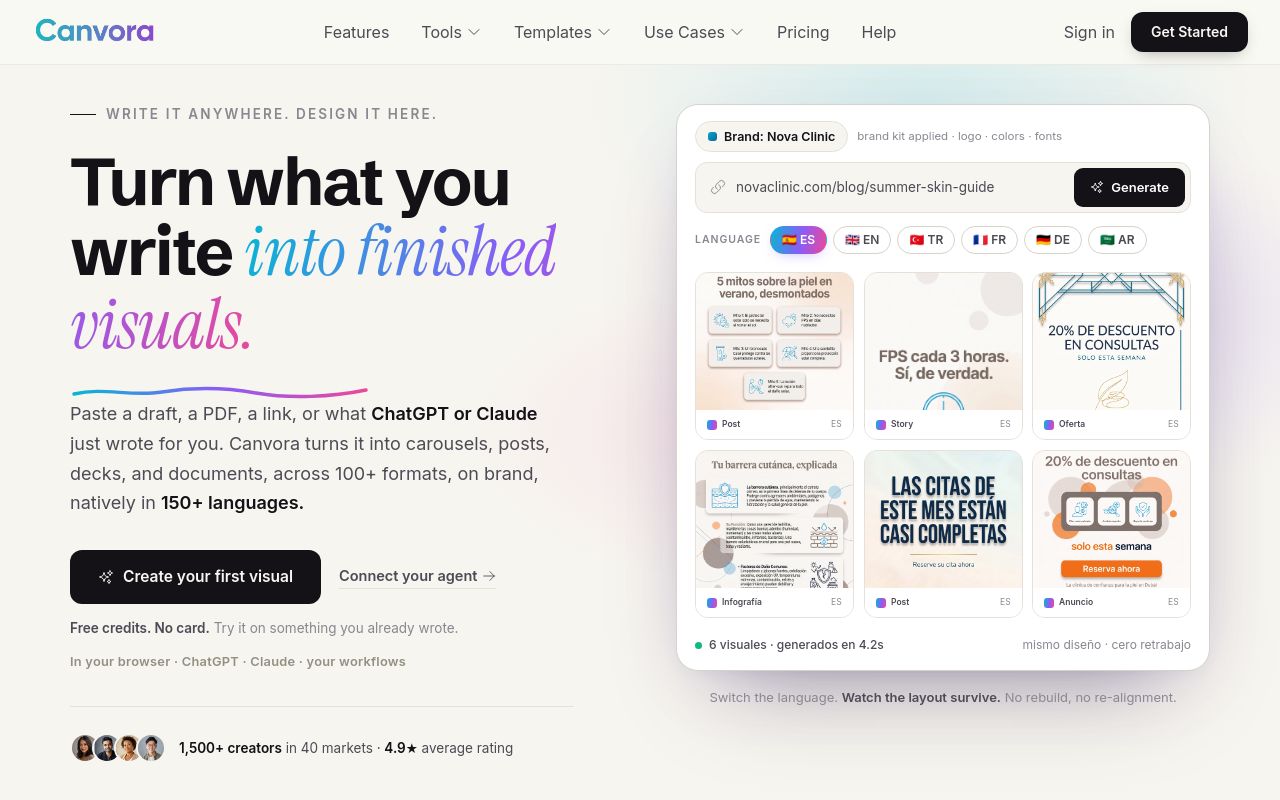 Screenshot of the Canvora homepage