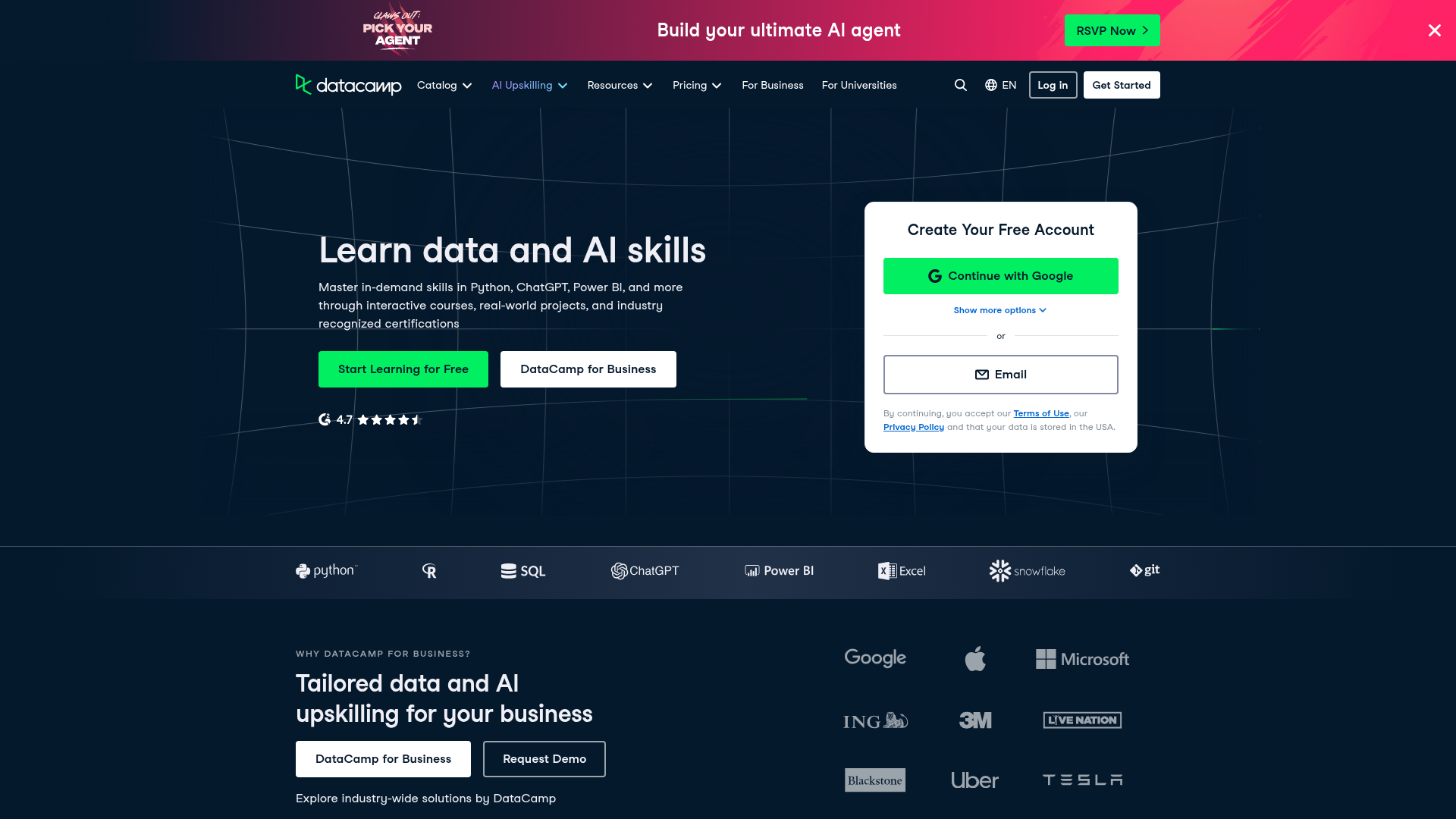 Screenshot of the DataCamp homepage