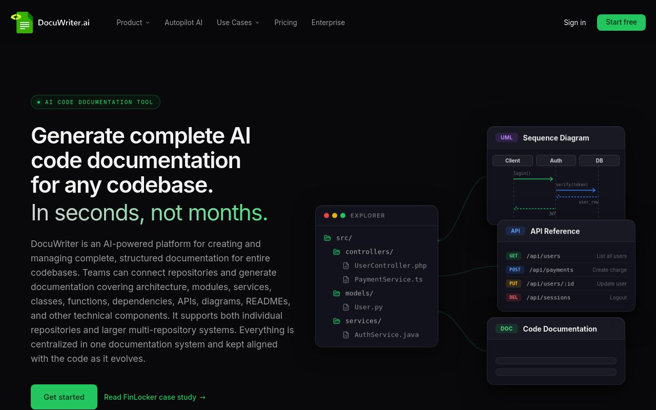 Screenshot of the DocuWriter.ai homepage