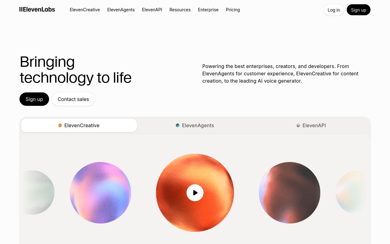 Screenshot of the ElevenLabs homepage