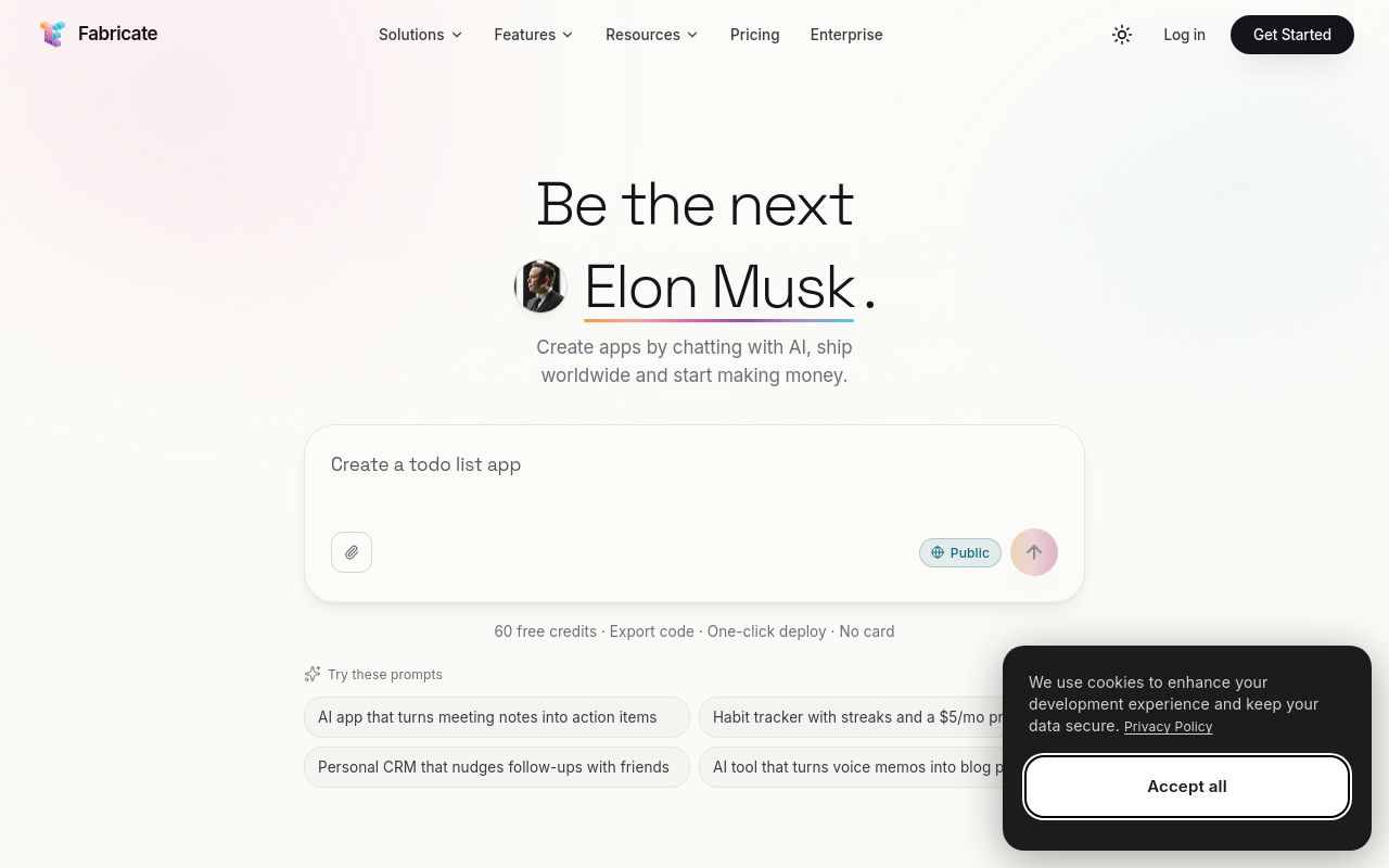 Screenshot of the Fabricate homepage