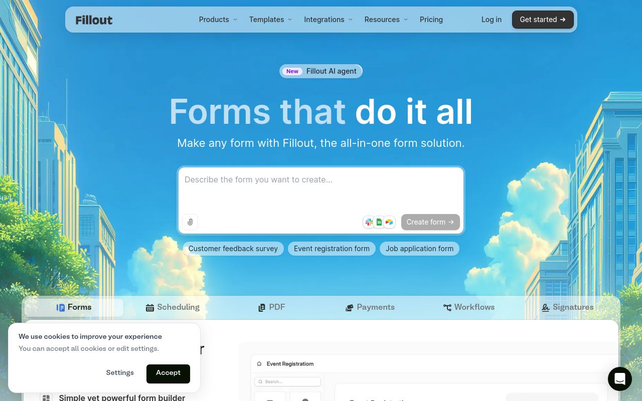 Screenshot of the Fillout homepage