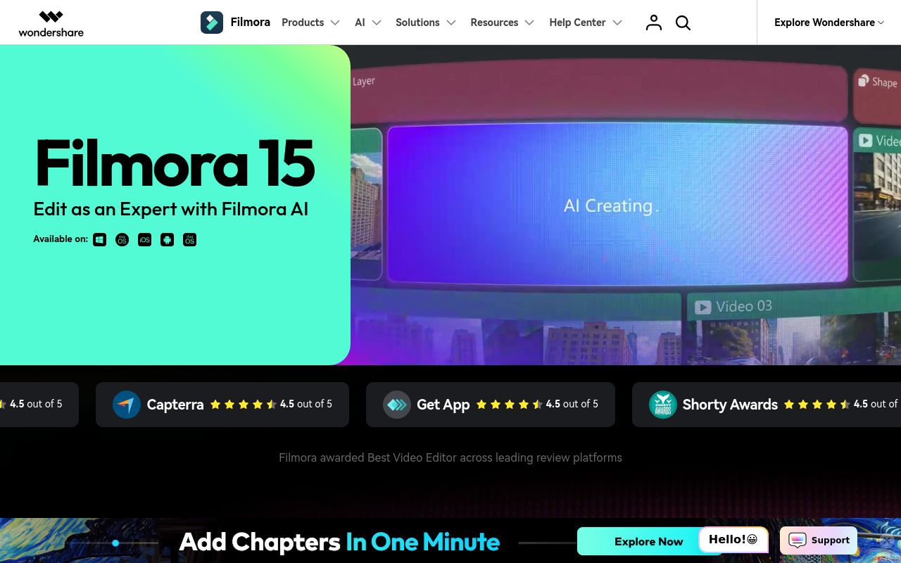 Screenshot of the Filmora homepage