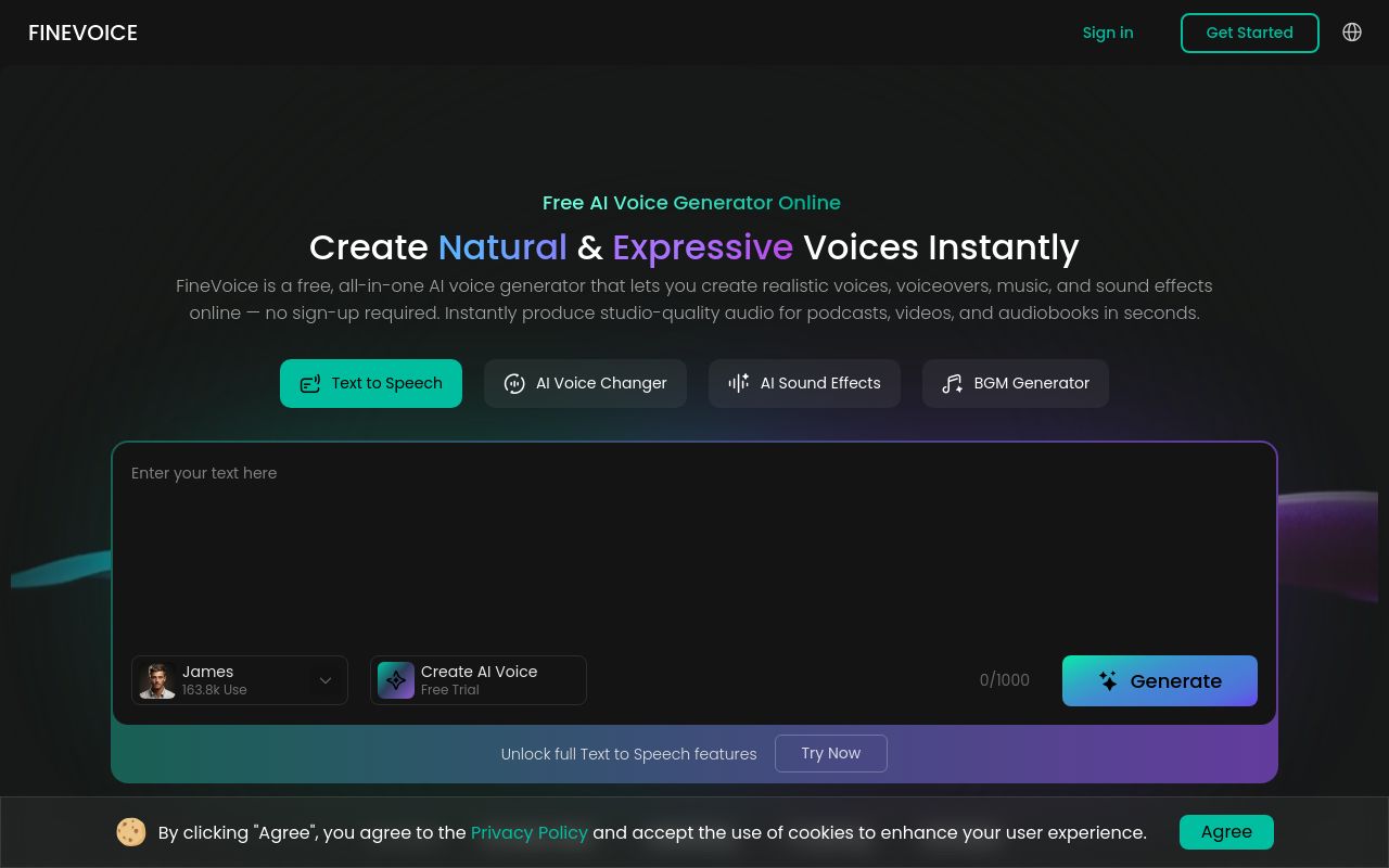 Screenshot of the FineVoice homepage