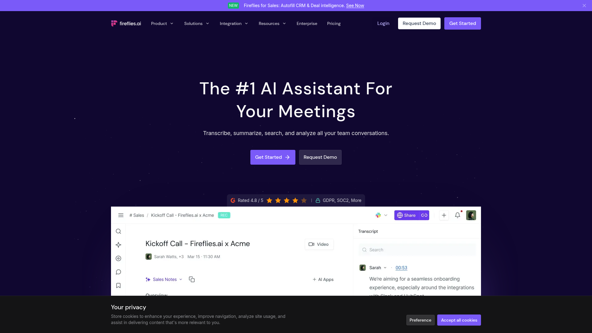 Screenshot of the Fireflies.ai homepage