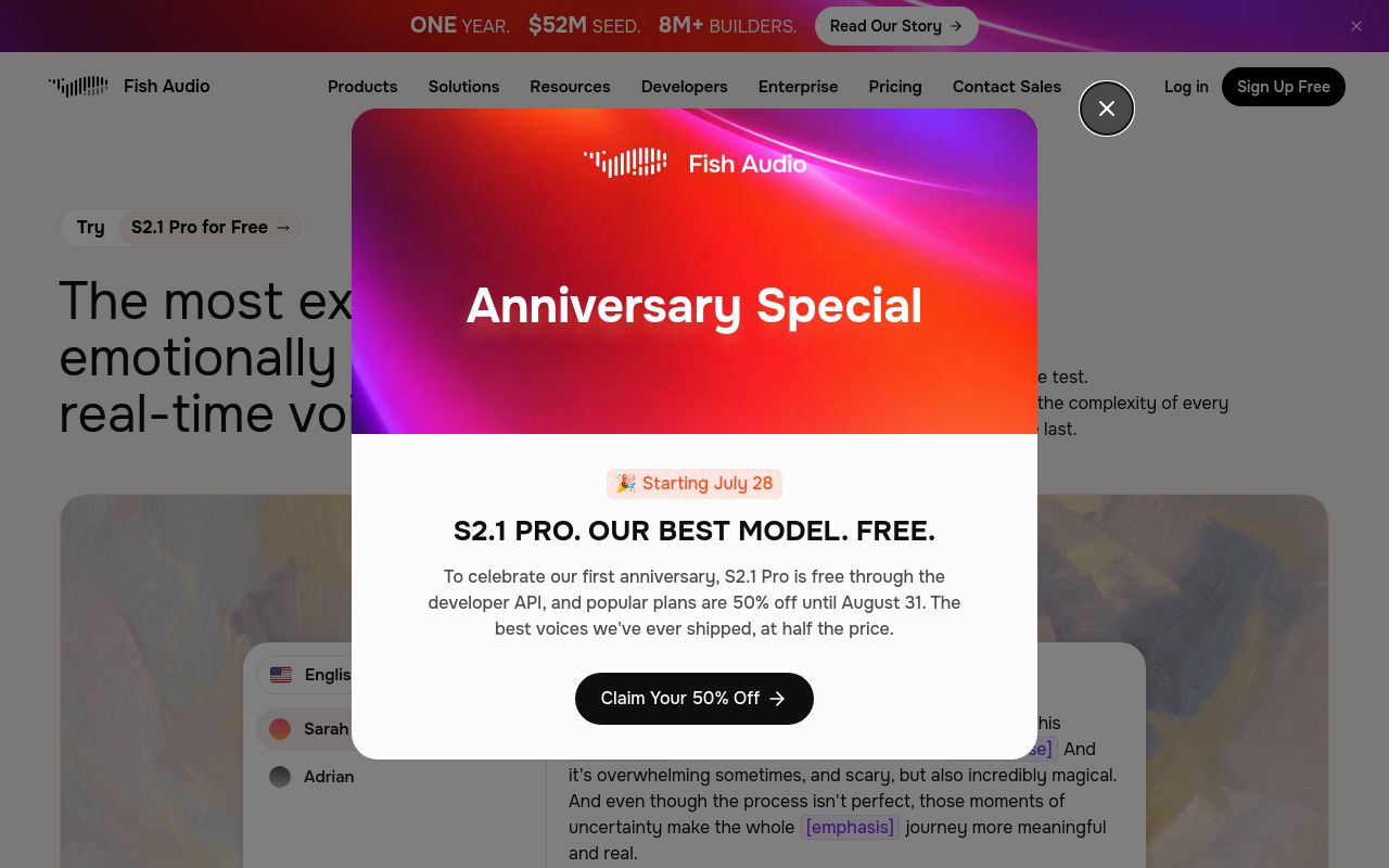 Screenshot of the Fish Audio homepage