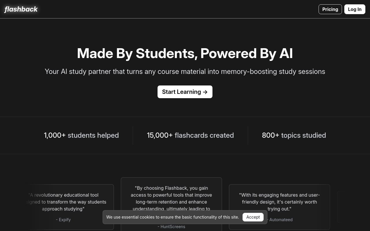 Screenshot of the flashback homepage