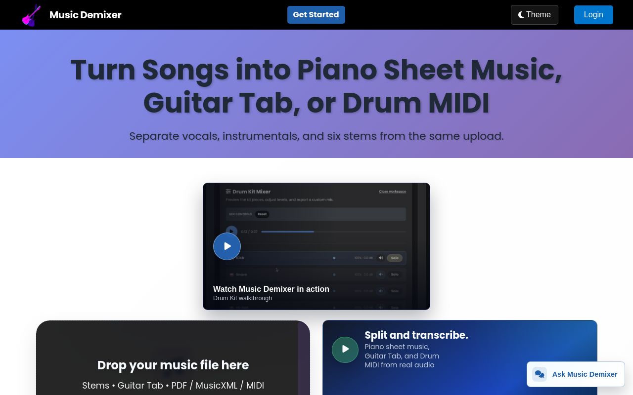 Screenshot of the Music Demixer homepage