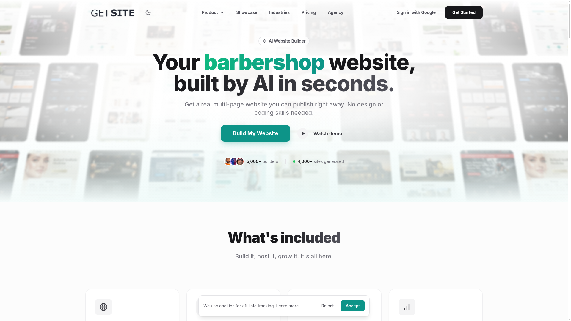 Screenshot of the GetSite homepage
