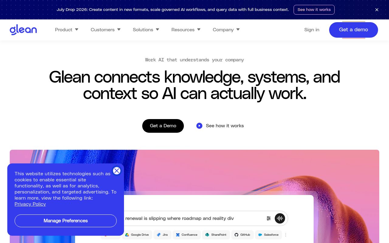 Screenshot of the Glean homepage