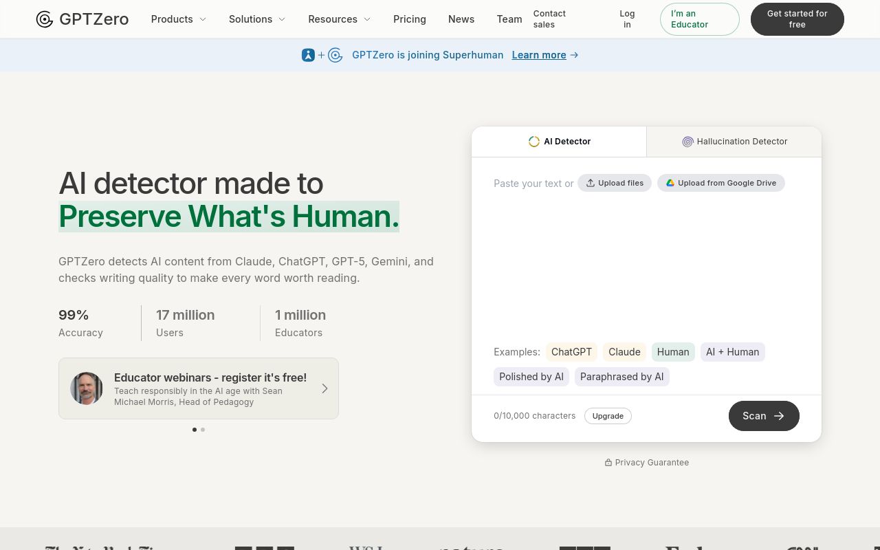Screenshot of the GPTZero homepage