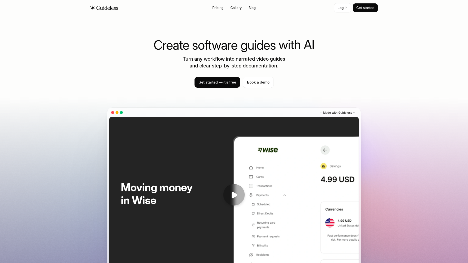 Screenshot of the Guideless homepage
