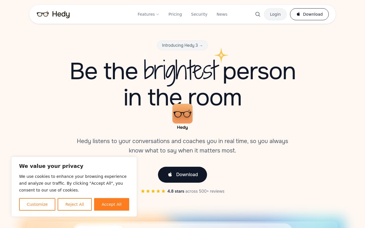 Screenshot of the Hedy AI homepage