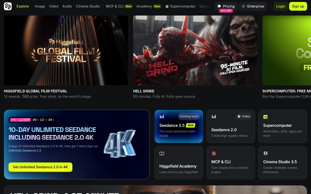 Screenshot of the Higgsfield homepage