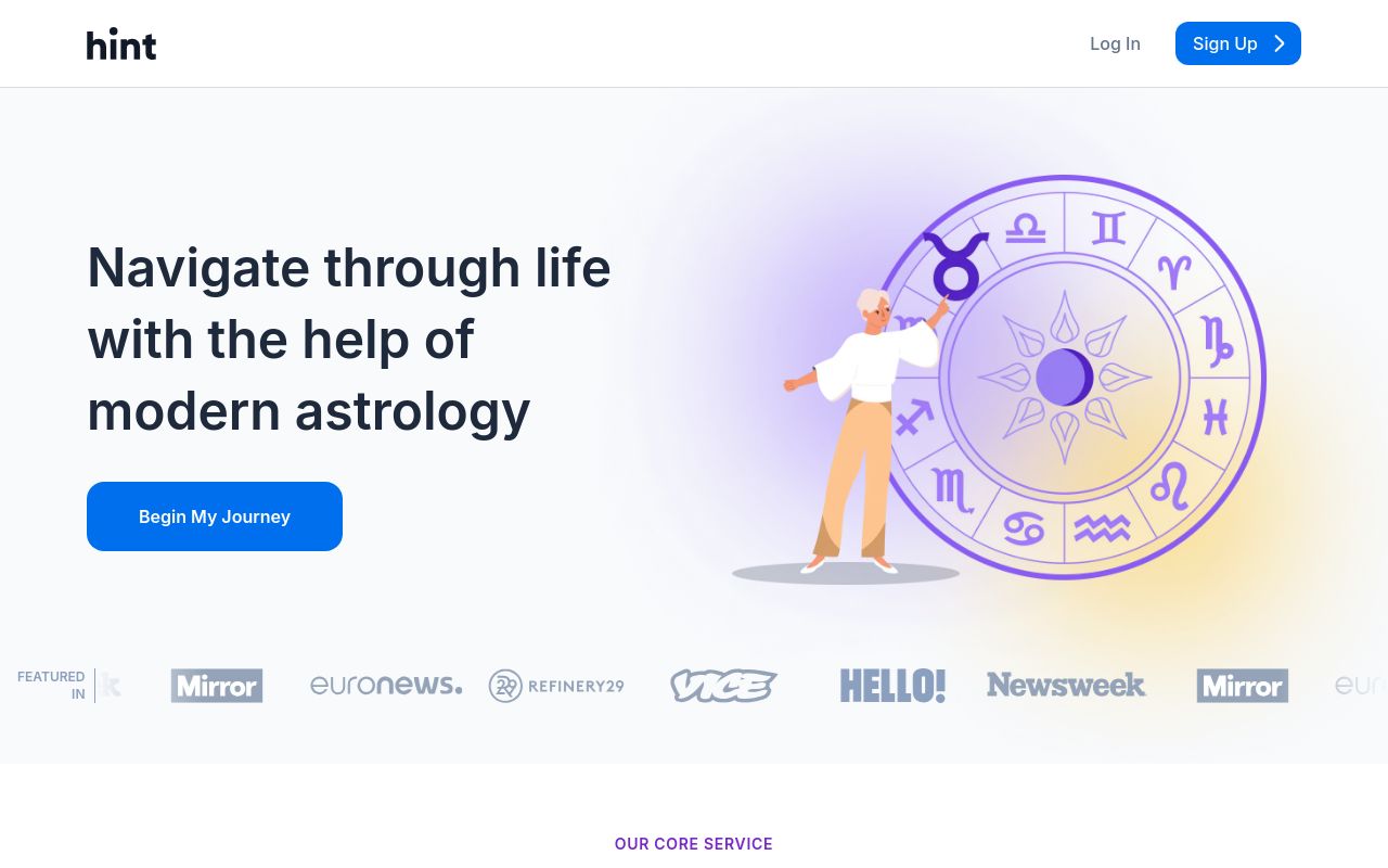 Screenshot of the Hint homepage