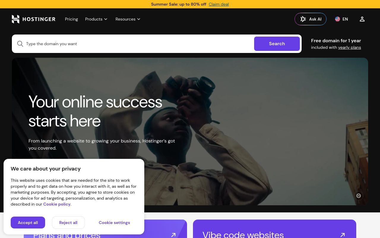 Screenshot of the Hostinger homepage