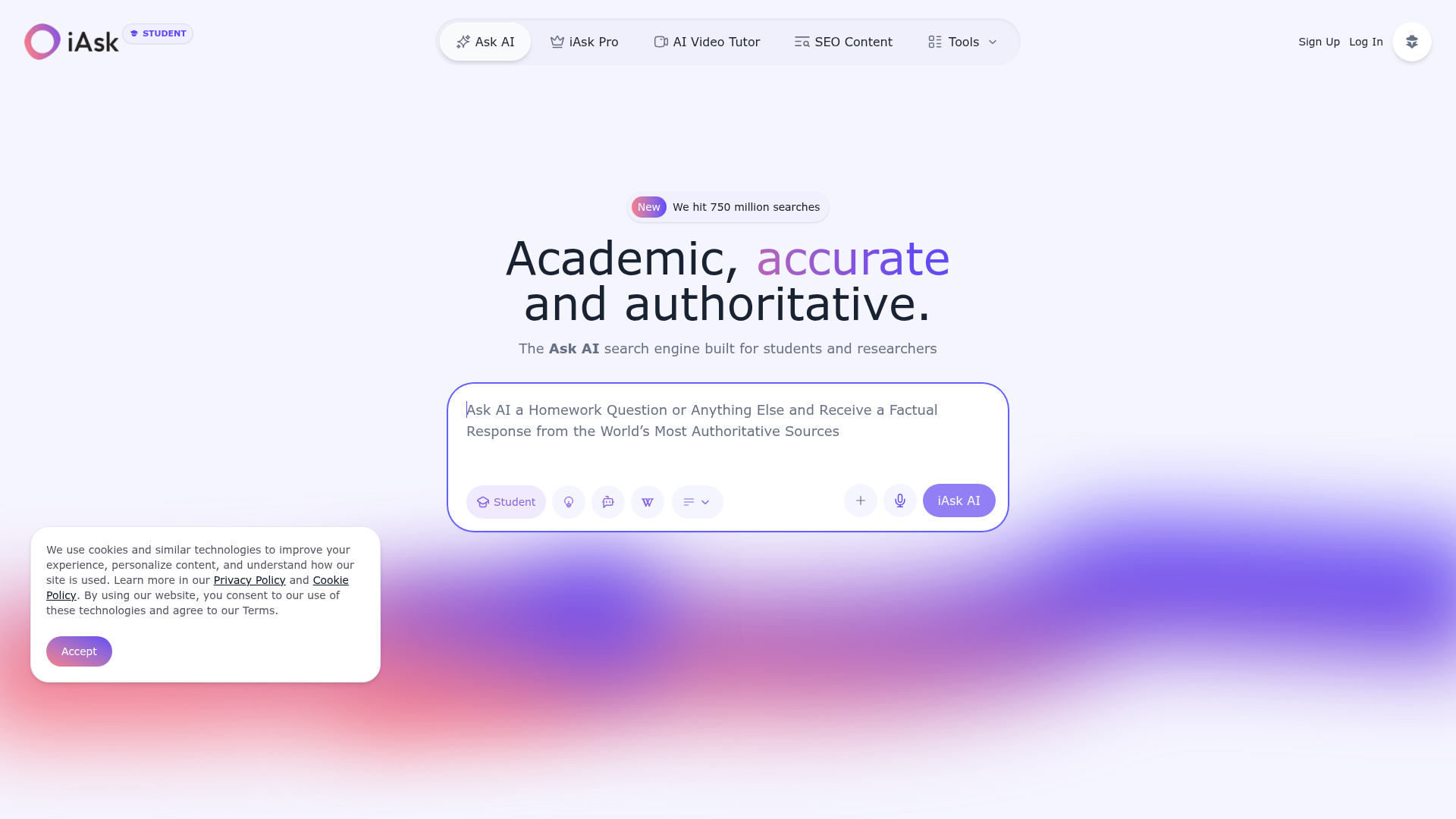 Screenshot of the iAsk AI homepage