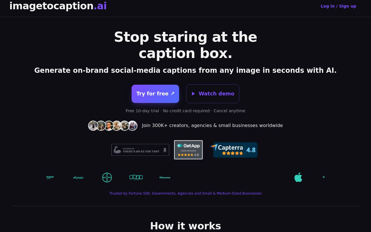 Screenshot of the imagetocaption.ai homepage