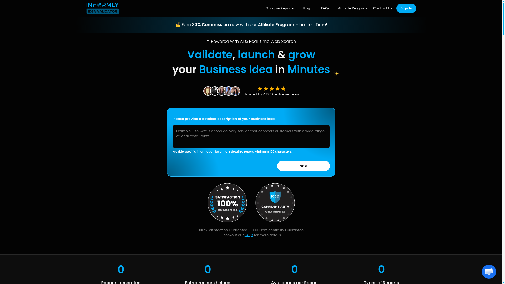 Screenshot of the Informly Idea Validator homepage