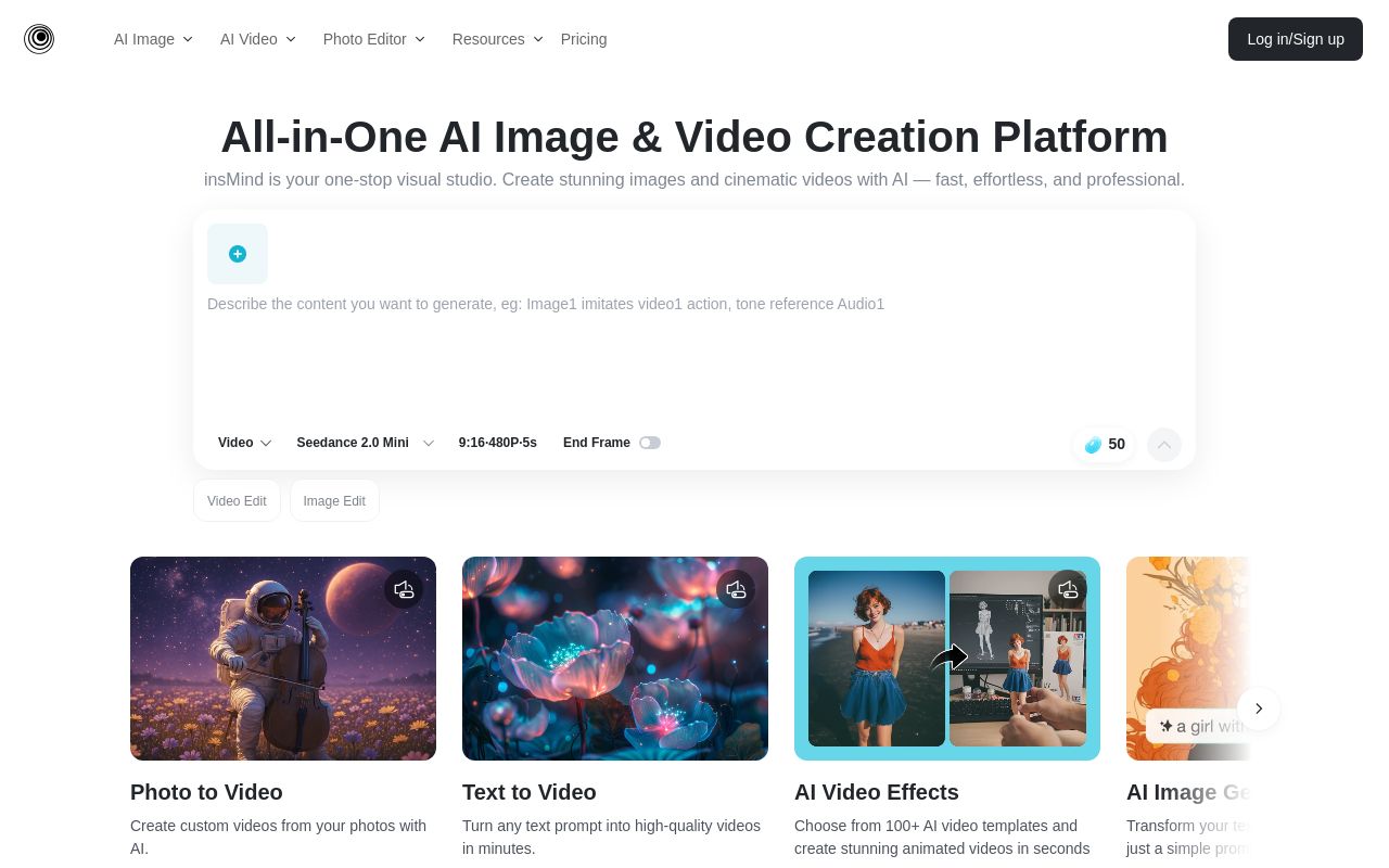Screenshot of the insMind homepage