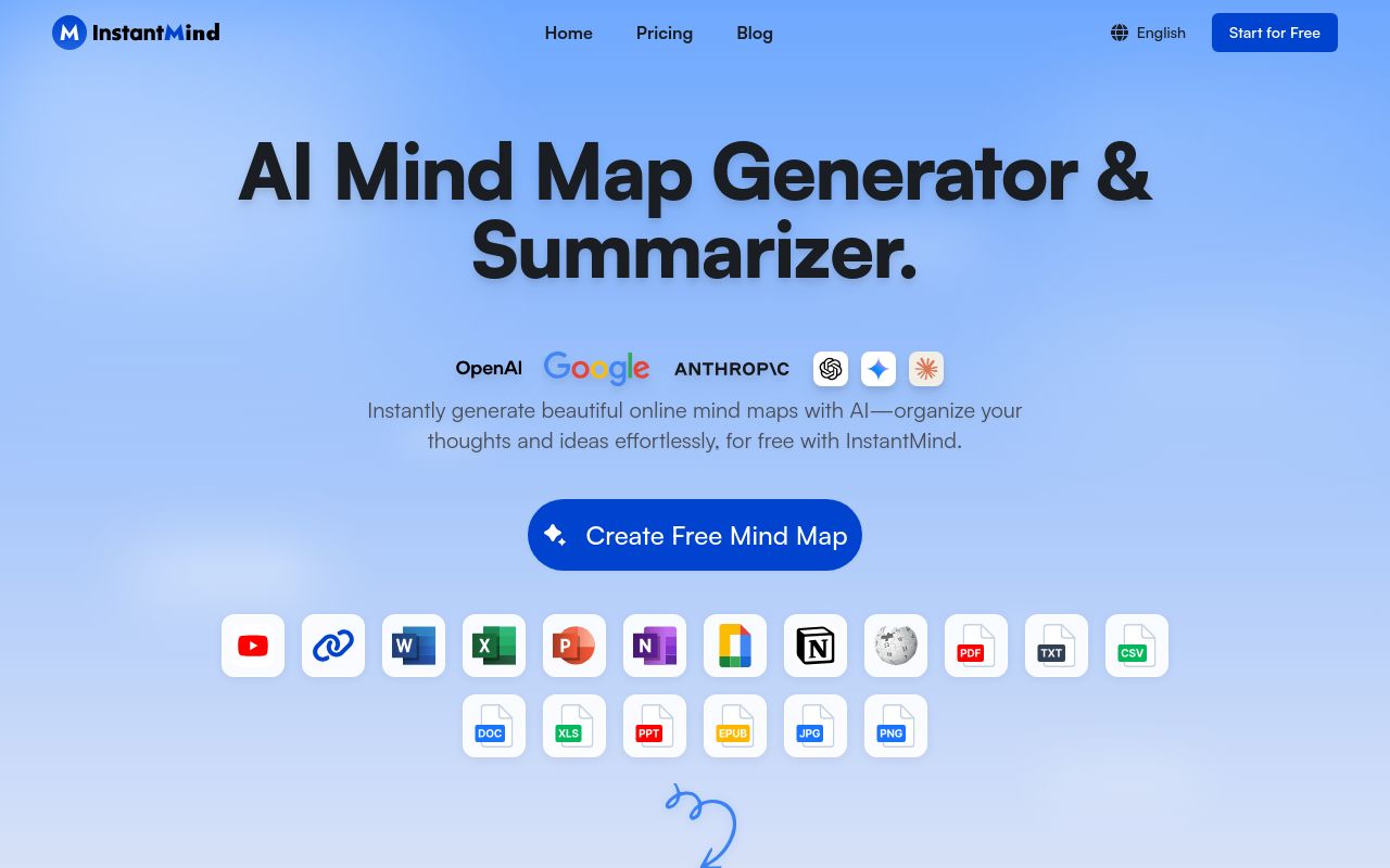 Screenshot of the InstantMind homepage