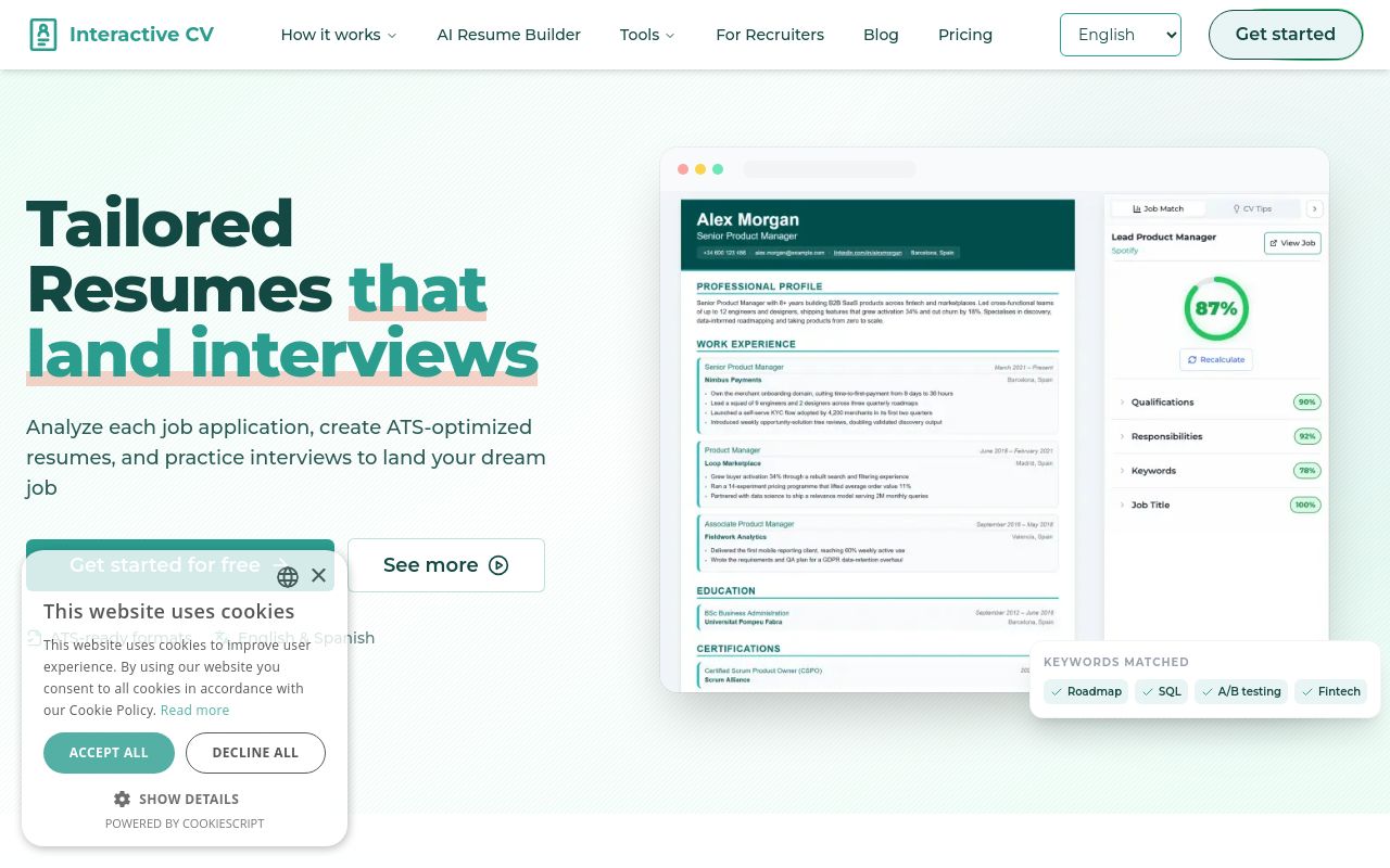 Screenshot of the Interactive CV homepage