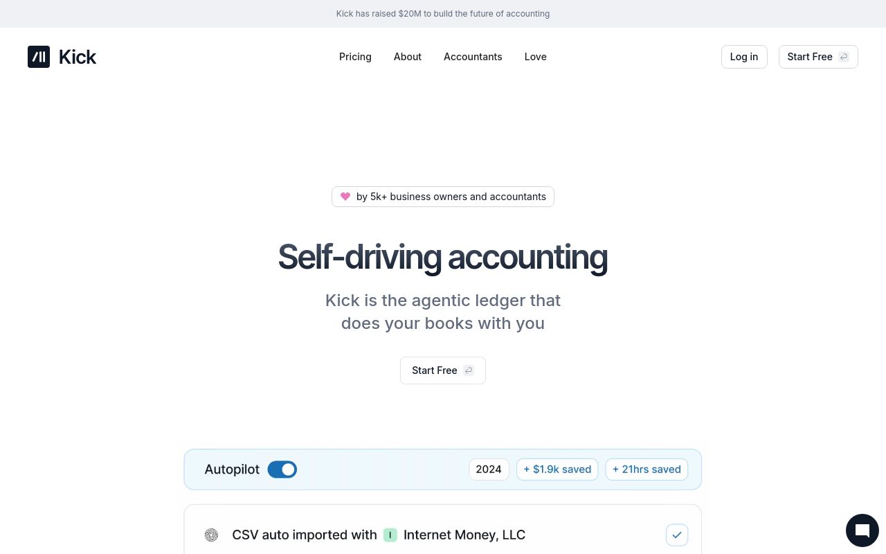 Screenshot of the Kick homepage