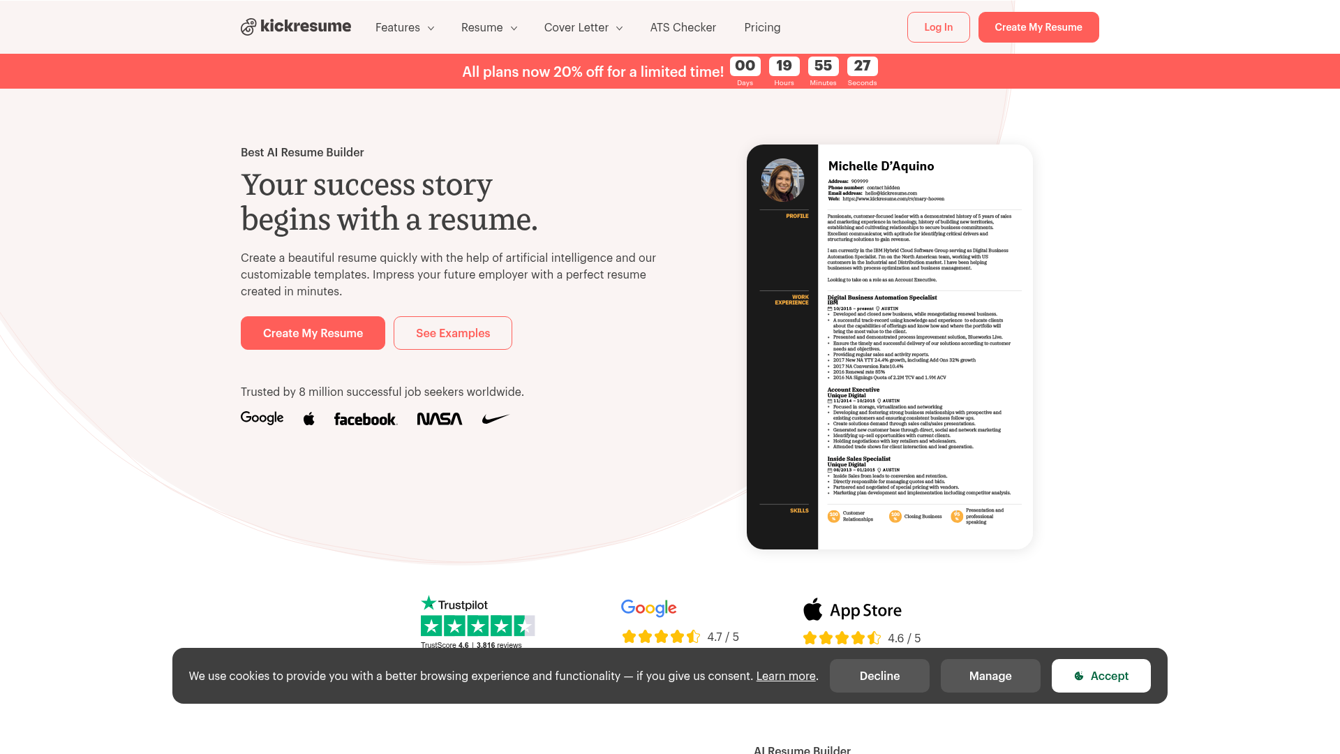 Screenshot of the Kickresume homepage