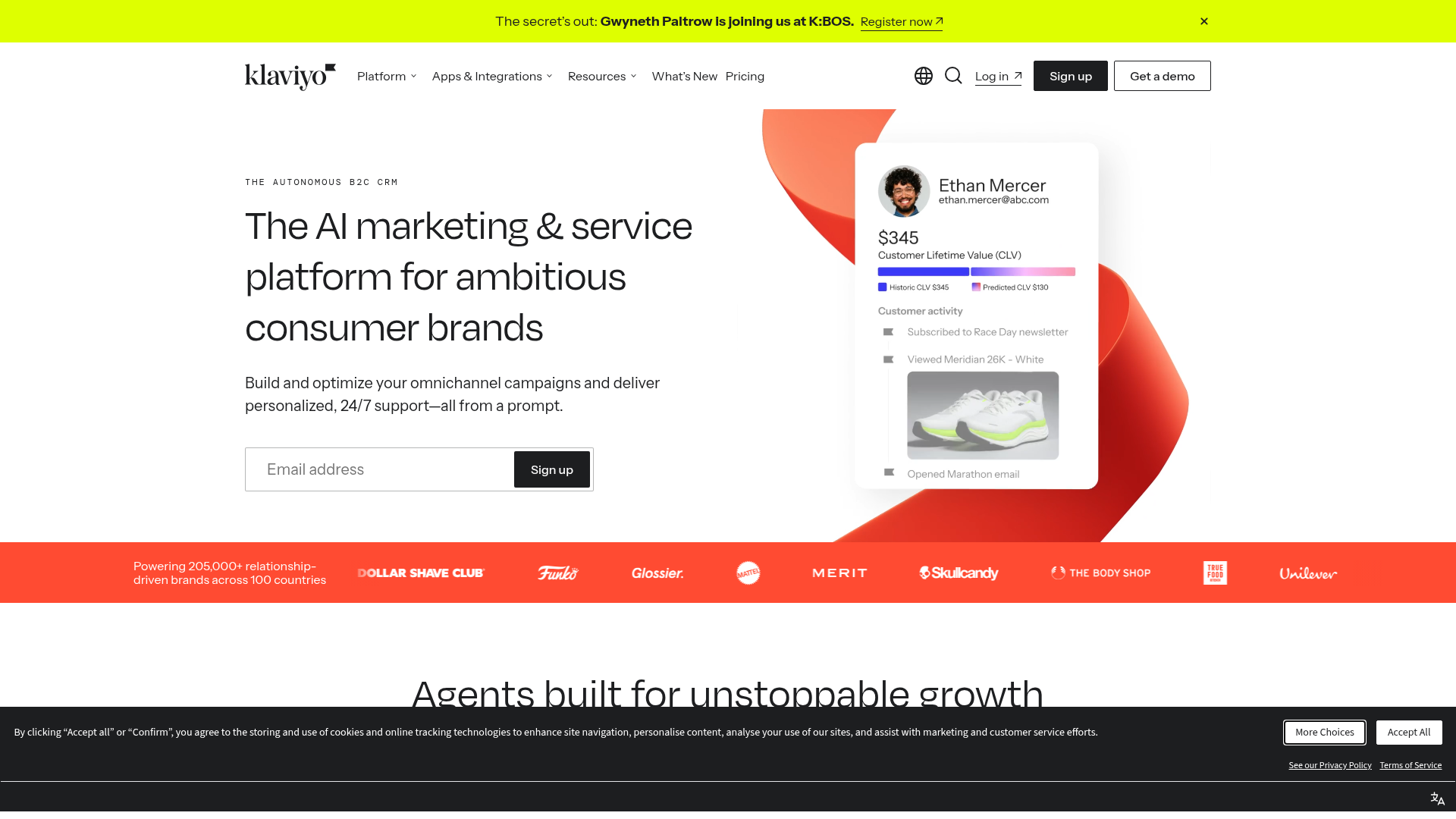 Screenshot of the Klaviyo homepage