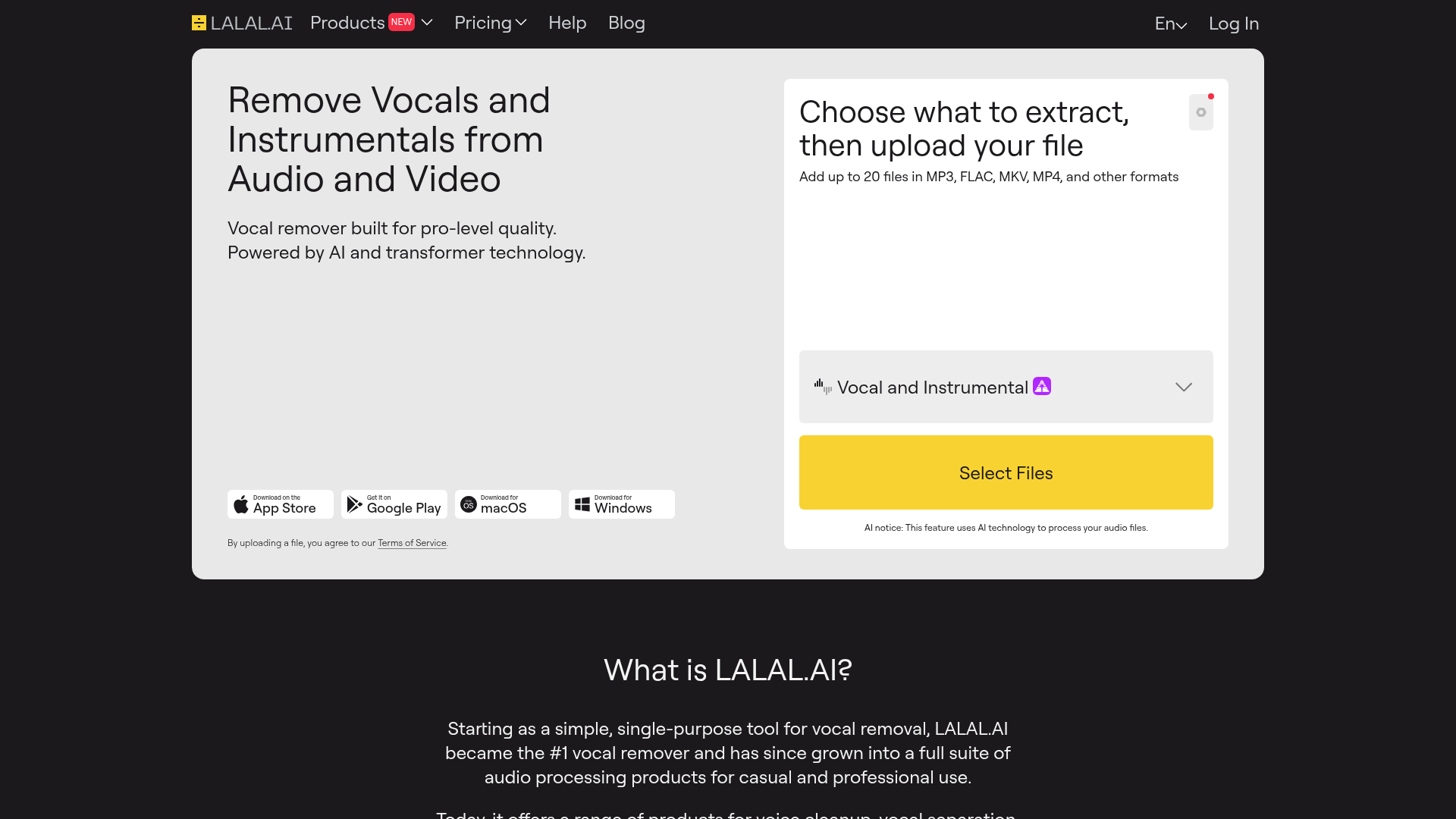 Screenshot of the LALAL.AI homepage