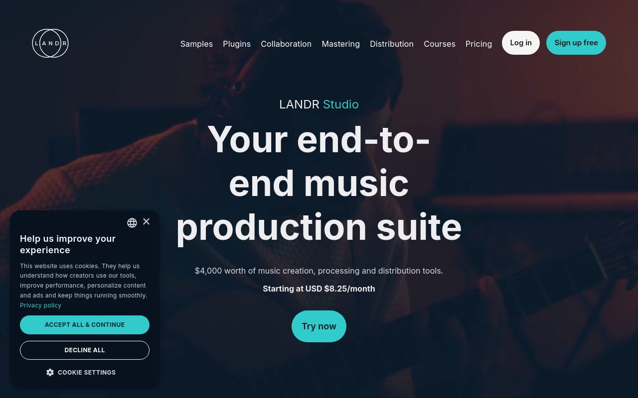 Screenshot of the LANDR homepage