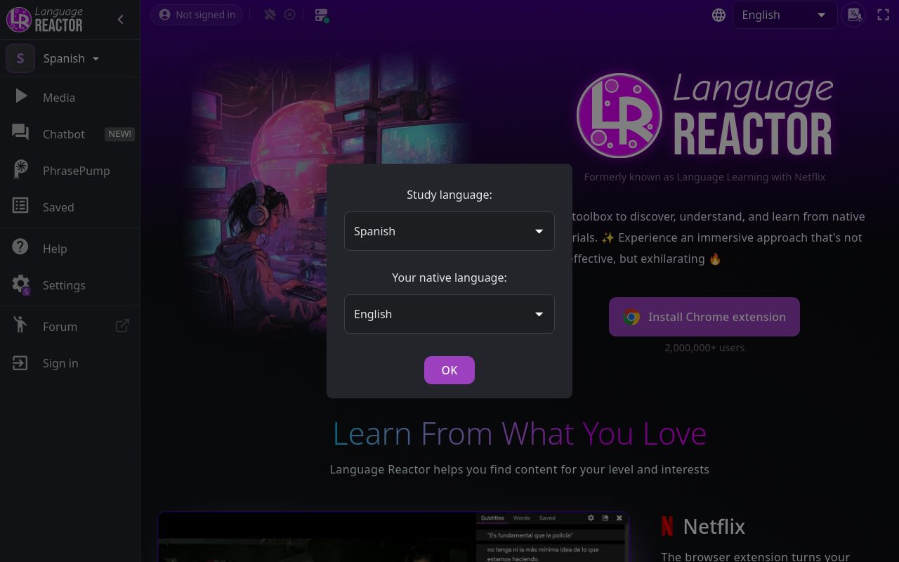 Screenshot of the Language Reactor homepage