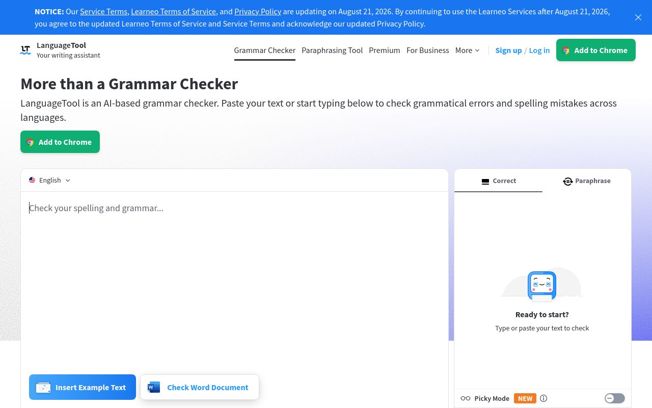 Screenshot of the LanguageTool homepage